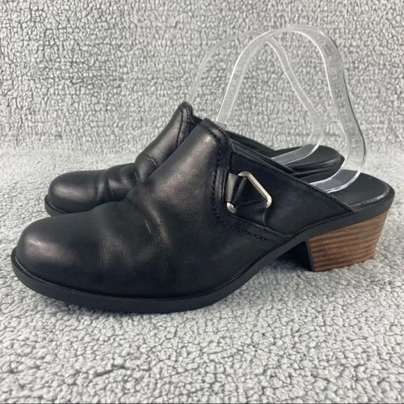 Teva foxy womens 10 Clogs Casual Mule Sandals Black Leather Block Heels Slip on‎ - Picture 4 of 12